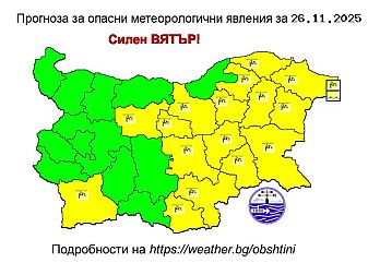 Жълт код за опасен вятър в голяма част от България
